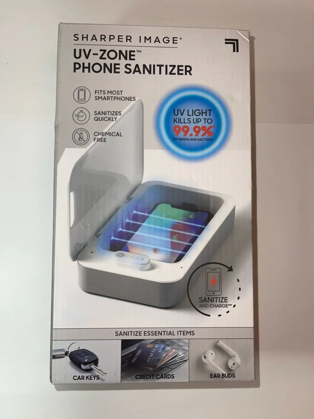 Sharper Image White UV-Zone Phone Sanitizer with Blue UV Indicator